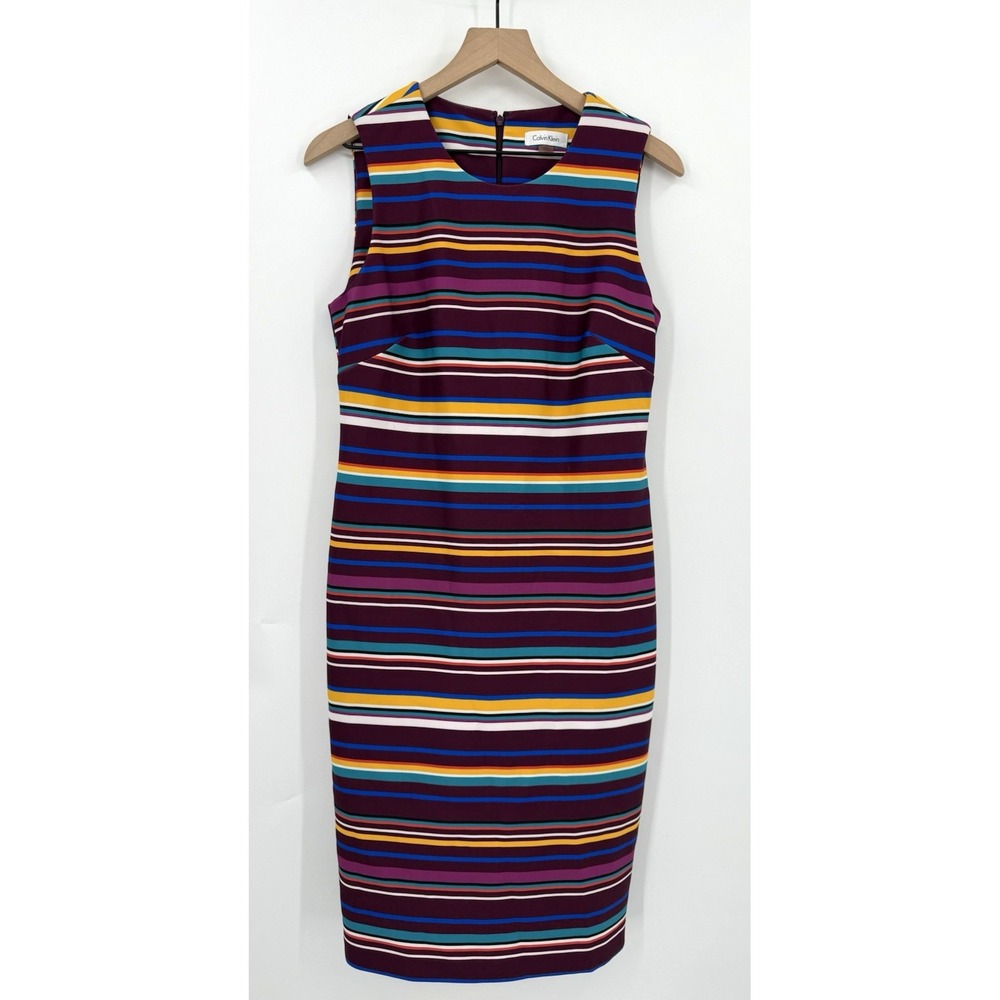 Calvin Klein Dress Womens 10 Purple Yellow Striped Sheath Midi‎ Colorful Office